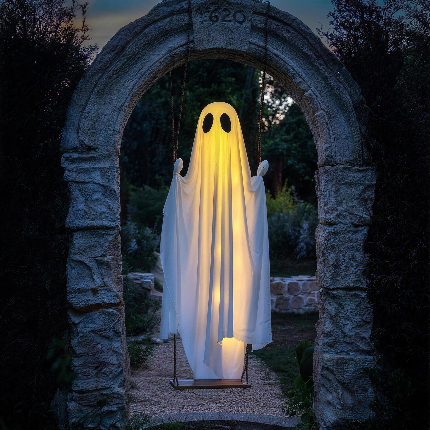 Large glowing LED skeleton ghost Halloween hanging decoration lit up at dusk