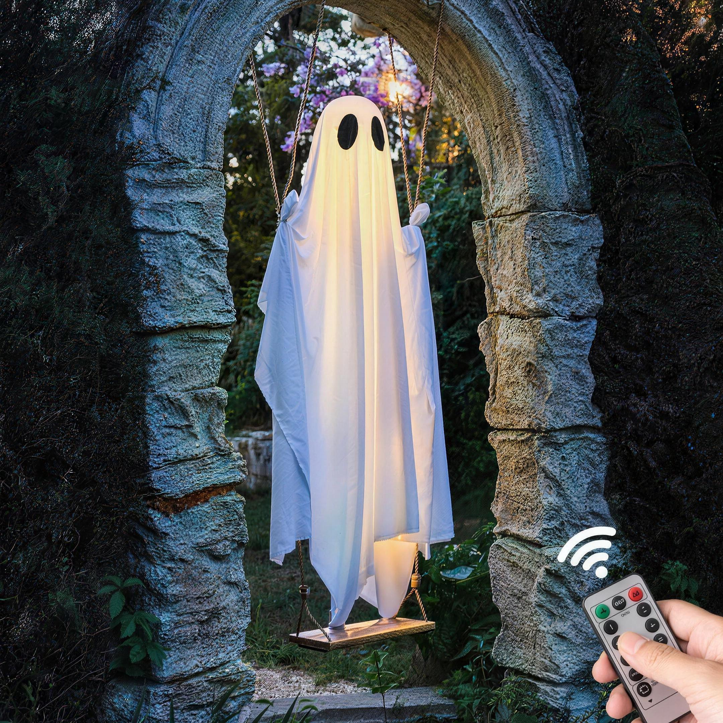 Halloween hanging ghost decoration in a yard display