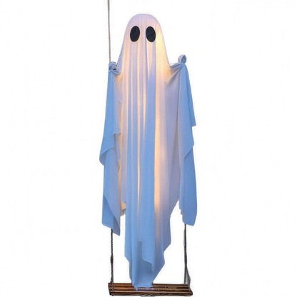 Large LED skeleton ghost decoration lit up at night